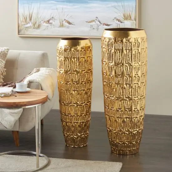 Gold Metal Tall Vase with Grooved Patterns Set {9}