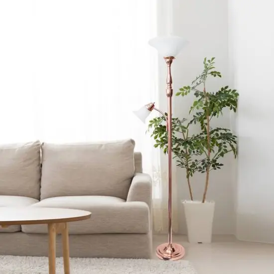 Lalia Home Torchiere Floor Lamp with Reading Light Rose Gold/White Shades {6}