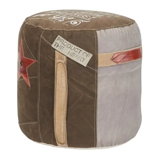 Brown Canvas and Leather Rustic Pouf, 19" x 17" x 17" {3}