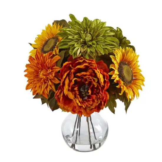 12" Peony, Dahlia & Sunflower Arrangement in Glass Vase {1}
