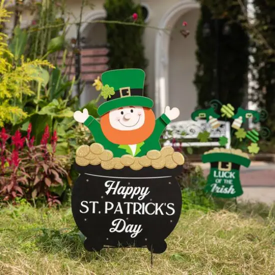 Glitzhome&reg; 24" Lighted St. Patrick's Wooden Leprechaun Pot of Gold D&eacute;cor {3}