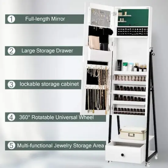 NEX&trade; 5ft. Pure White Jewelry Armoire on Casters with Chest Drawer {5}