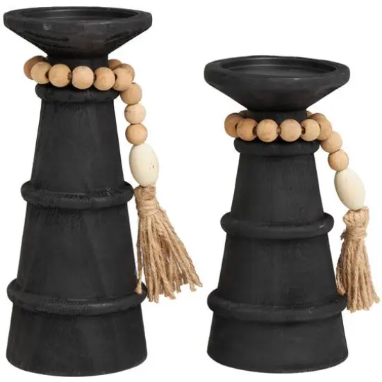 Black Wood Handmade Textured Matte Candle Holder with Beaded Garland Accent Set {6}