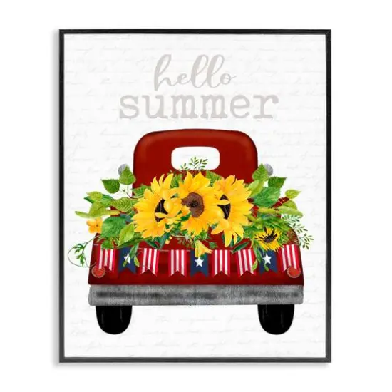 Stupell Industries Hello Summer Quote Sunflower Flower Patriotic Truck Framed Giclee Art Black {1}