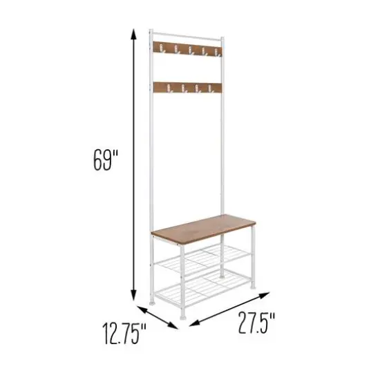 Honey Can Do White & Walnut Entryway Hall Tree with Bench & Shoe Storage {11}