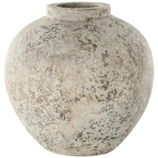 12" Cream Ceramic Antique Style Round Vase with Textured Distressing {9}