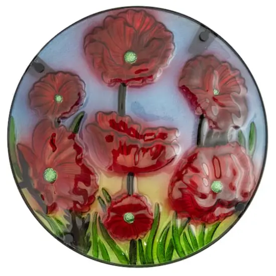 19" Red Floral Poppies Glass Patio Side Table {4}