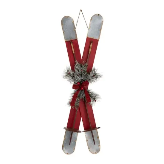 Glitzhome&reg; 35" Red Wooden & Galvanized Ski Porch D&eacute;cor {1}