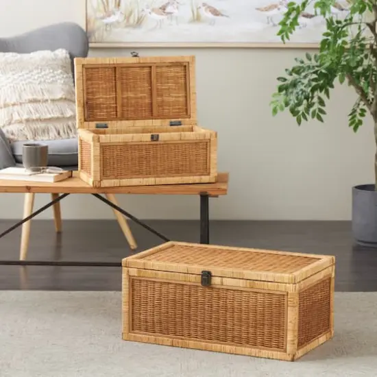 Brown Rattan Storage Box Set with Wrapped Light Brown Edges {3}