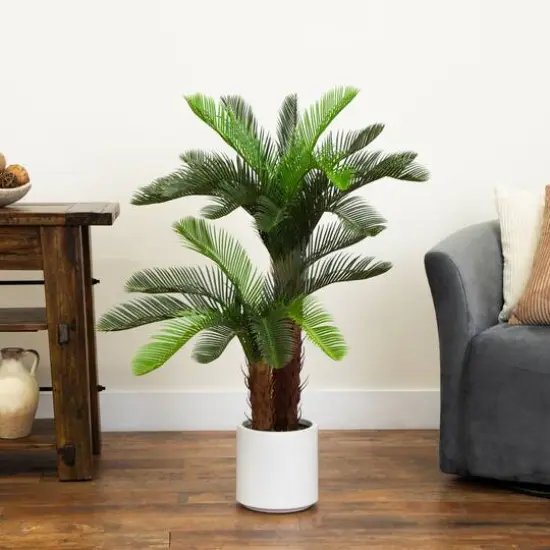 40in. UV Resistant Artificial Double Cycas Palm Tree in White Decorative Planter (Indoor/Outdoor) {11}