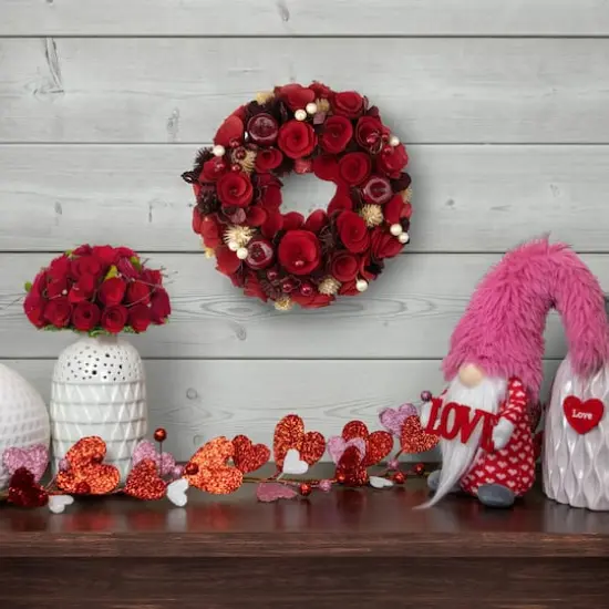 12" Unlit Red Wooden Rose Apple & Faux Pearl Artificial Valentines Wreath {3}