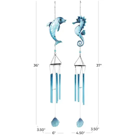 Blue Sea Life Metal Dolphin & Seahorse Windchime with Dangling Seashells Set {5}