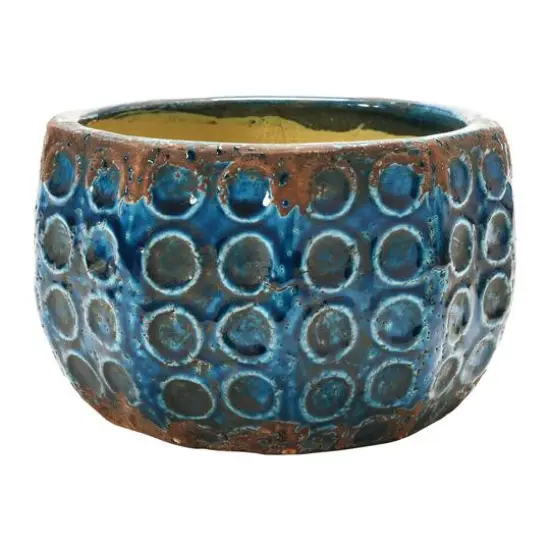 Hello Honey&reg; 7" Distressed Blue Embossed Terra Cotta Planter with Circle Pattern {3}