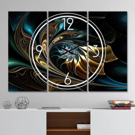 Designart Brown Blue Fractal Flower In Black Multipanel Wall Clock {3}