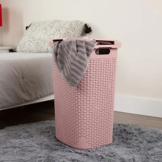 Mind Reader 60L Ventilated Slim Laundry Hamper with Cut Out Handles & Attached Hinged Lid, 2ct. Pink {3}
