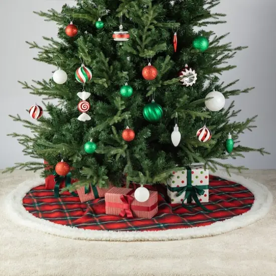 Glitzhome&reg; 60" Red & Black Plaid Reversible Sherpa/Flannel Christmas Tree Skirt {4}