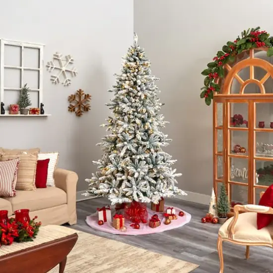 8ft. Pre-Lit Flocked Livingston Fir Artificial Christmas Tree with Pinecones, Clear LED Lights {3}