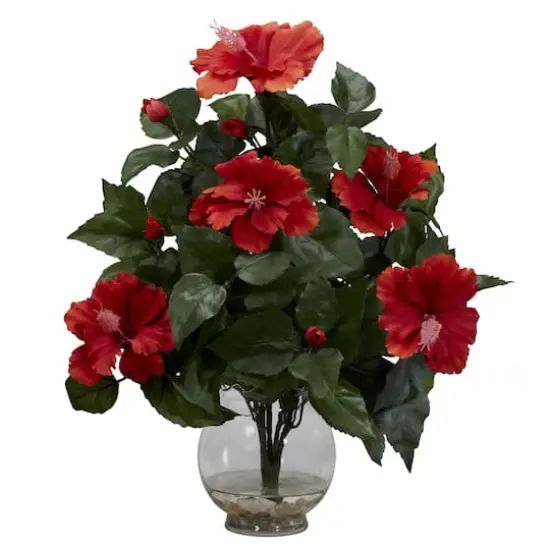 17" Red Hibiscus Silk Flower Arrangement in Fluted Vase {1}
