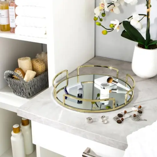 Home Details 13" Satin Gold Modern Round Mirror Vanity Tray {4}