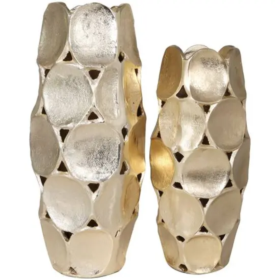 Gold Aluminum Geometric Open Framed Vase with Circular Plates Set {9}