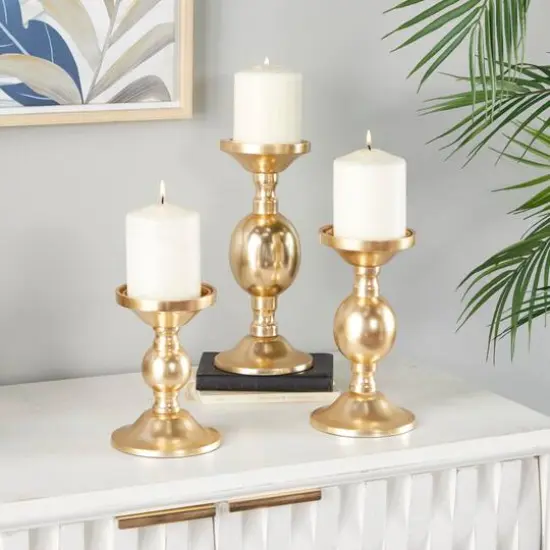 Set of 3 Gold Aluminum Transitional Candle Holders, 10" x 4" x 4" {10}