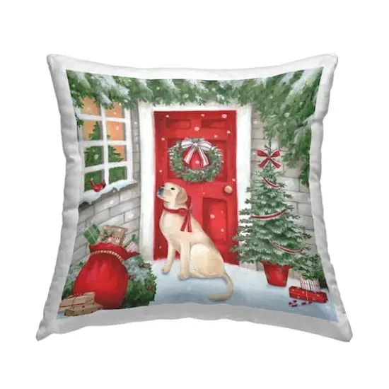 Stupell Industries Dog on Doorstep with Christmas Gifts Throw Pillow {1}