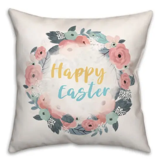 Happy Easter Floral Wreath Throw Pillow {1}