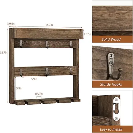 NEX&trade; 16" Rustic Brown Wood Wall-Mounted Coffee Mug Rack {3}