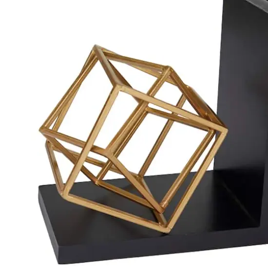 8" Gold Stainless Steel Overlapping Cube Geometric Bookends with Black Bases Set {4}
