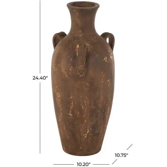 24.5" Dark Brown Ceramic Antique Style Distressed Decorative Vase with Handles {8}