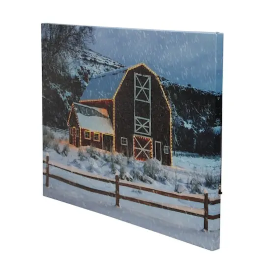 Snowy Red Barn LED Fiber Optic Canvas Wall Art {5}