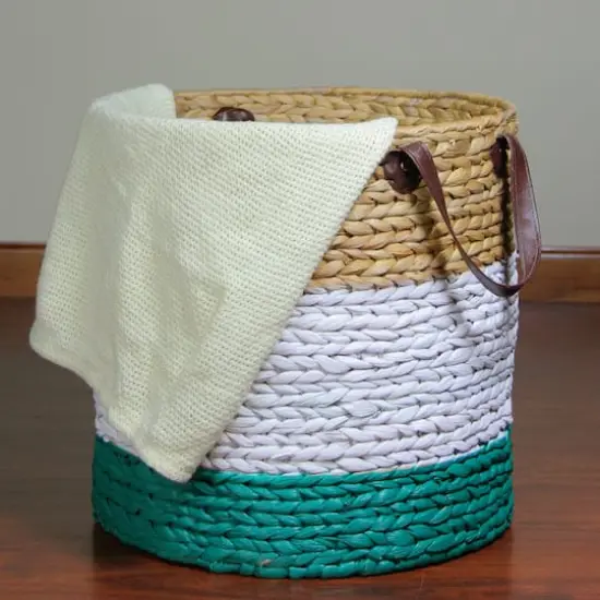 21" Beige, White & Teal Braided Wicker Basket with Handles {4}
