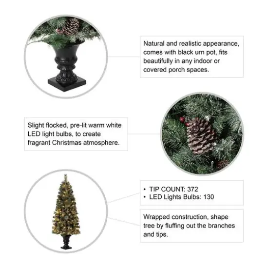 5ft. Pre-Lit Flocked Pine Artificial Christmas Tree in Black Urn, Warm White Lights {9}