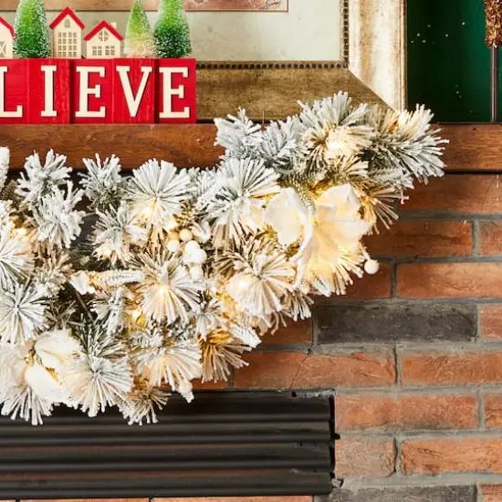 Glitzhome® 36" Pre-Lit Flocked Greenery Pine White Poinsettia & Berry Christmas Swag with Timer {6}