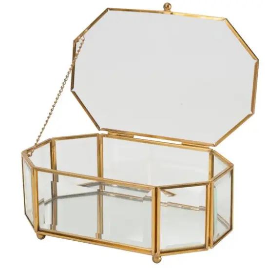 Home Details Large Gold Vintage Mirrored Bottom Octagonal Glass Keepsake Box {1}