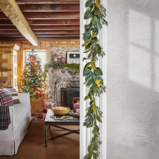 9" Christmas Magnolia Mix Pine Garland with Fabric Bow, Warm White LED Lights {3}