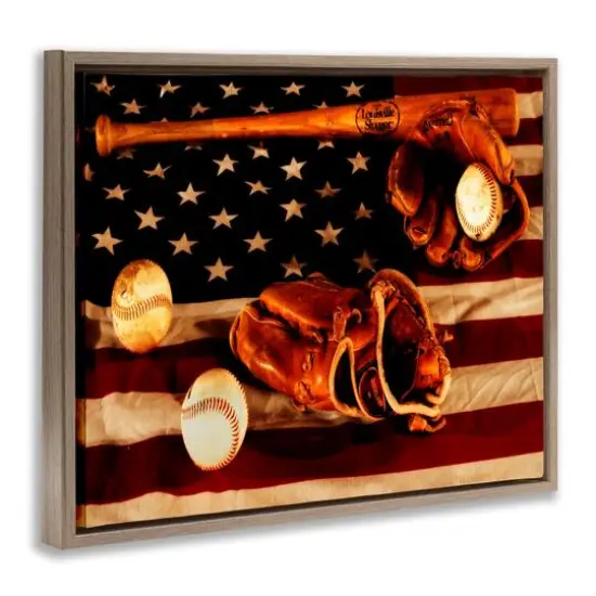 Stupell Industries Vintage American Flag Baseball Photo Floater Framed Art Brown {4}