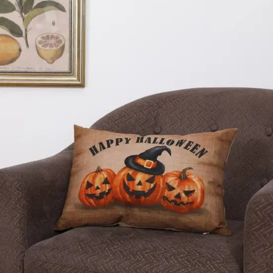 Glitzhome&reg; Faux Burlap Happy Halloween Pumpkin Pillow {3}