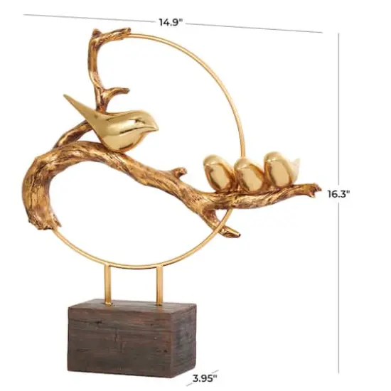 16" Gold Polystone Bird Family On A Branch Sculpture with Brown Block Base {4}