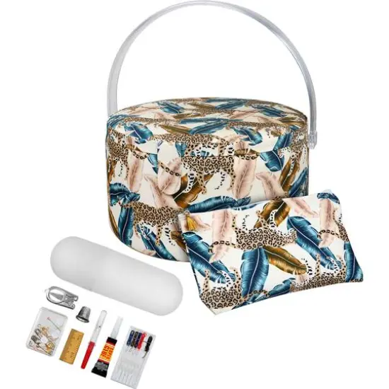 SINGER&reg; Large Jungle Print Premium Round Sewing Basket with Travel Sewing Kit {1}