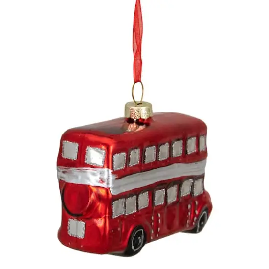 4" Shiny Metallic Red & Silver Glass Double Decker Bus Christmas Ornament {9}