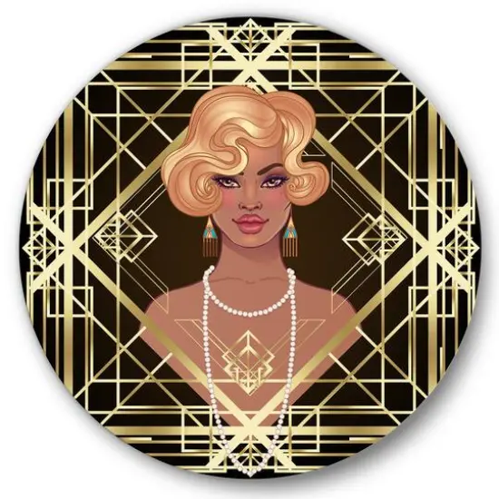 Designart - Retro Women In Golden Art Deco Geometrics III - Modern Metal Circle Wall Art {1}