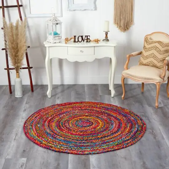 5ft. x 5ft. Hand Braided Boho Colorful Chindi Round Rug {4}