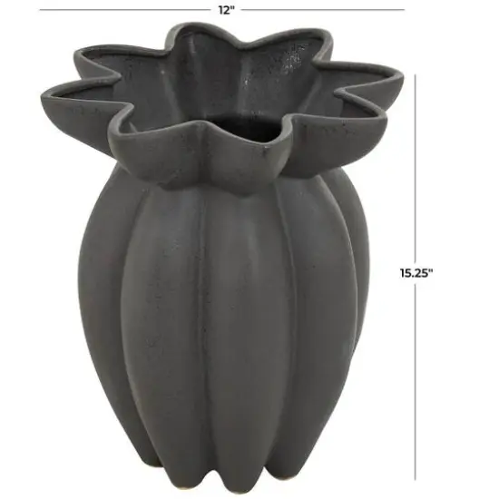15" Black Ceramic Speckle Textured Tulip Shape Vase {8}