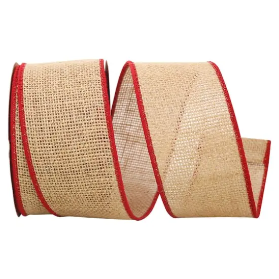 JAM Paper 2.5" x 10yd. Natural Burlap with Red Wired Edge Ribbon {1}