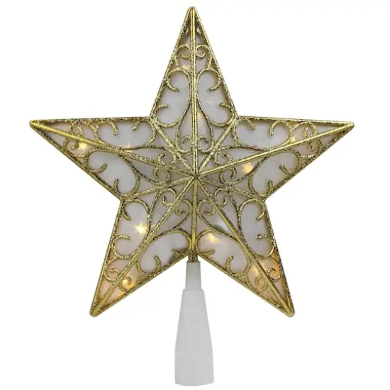 9" Gold & White Glittered Star LED Christmas Tree Topper, Warm White Lights {4}
