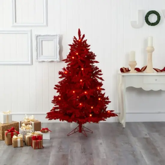 5ft. Pre-Lit Red Flocked Fraser Fir Artificial Christmas Tree with Red Lights {6}