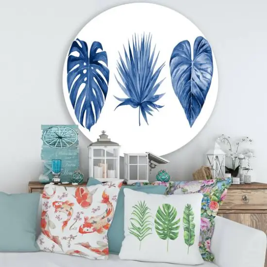 Designart - Classic Blue Tropical Leaves - Tropical Metal Circle Wall Art {4}