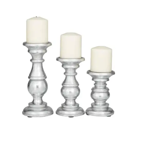Mango Wood Traditional Candle Holder Set Silver {1}