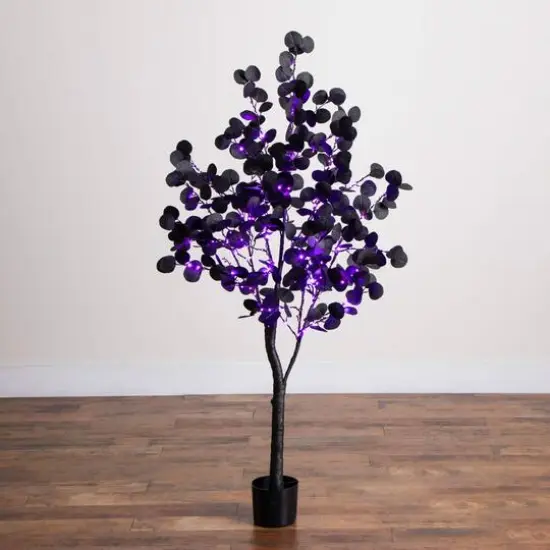 5ft. Pre-Lit Artificial Halloween Black Eucalyptus Tree with 220 Orange & Purple LED Lights {8}